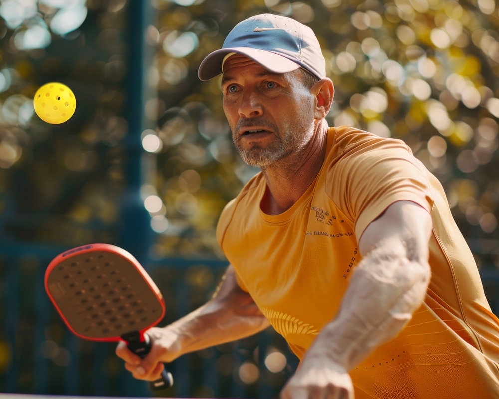 Man Paddle Player With Pickleball Rocket On The Tennis Court.