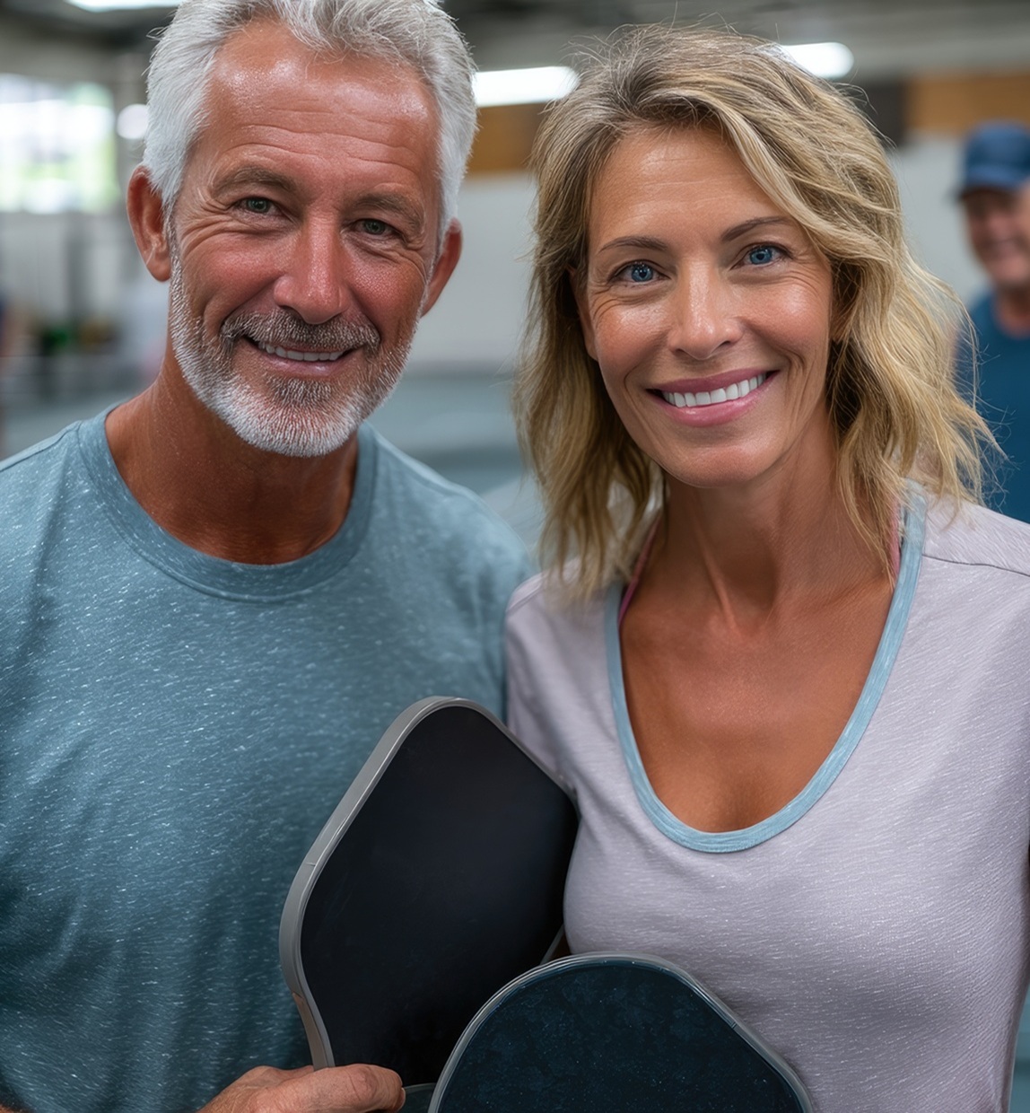 An Older Couple Playing Pickleball On The Court With Other Players. They Hold Their Paddles In One Hand And Look At The Camera, Smiling.